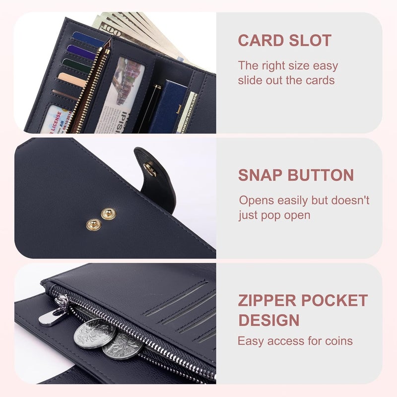 yiijay Wallet for Women RFID Blocking Leather Trifold Clutch Wallet Credit Card Holder Ladies Travel Wallet Purse with Pen Holder - Image 3
